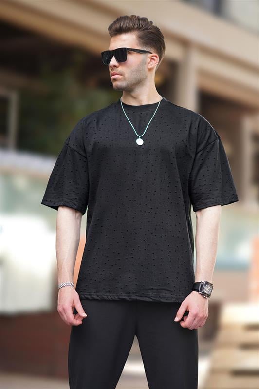 Siyah Oversize Yırtık Deyatlı Pamuklu Erkek Tişört 7032