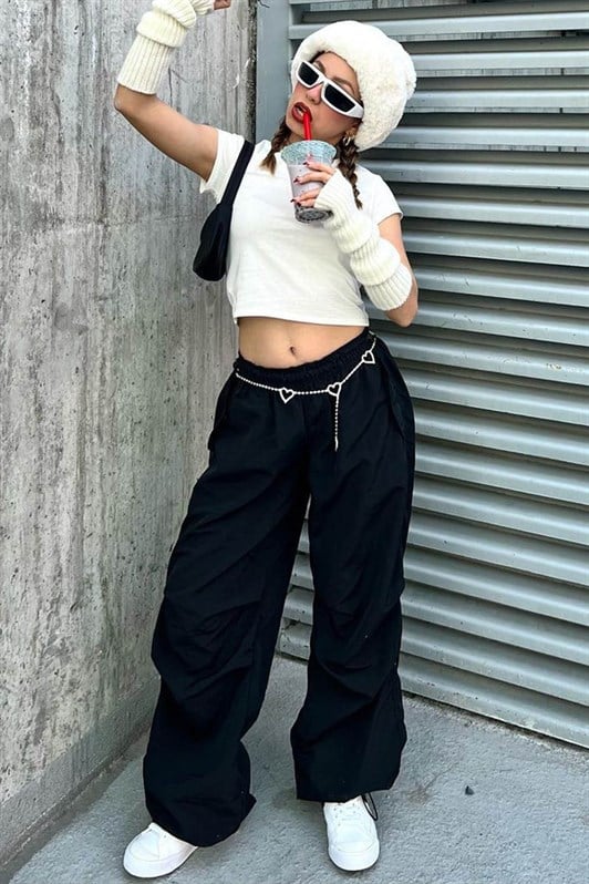 Siyah Paraşüt Jogger Kadın Pantolon MG1726