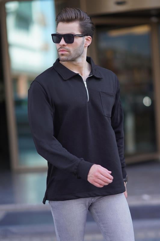 Siyah Polo Yaka Fermuarlı Uzun Kollu Erkek Sweatshirt 7057