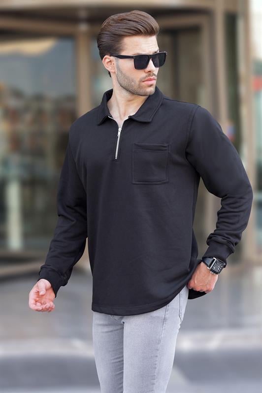 Siyah Polo Yaka Fermuarlı Uzun Kollu Erkek Sweatshirt 7057
