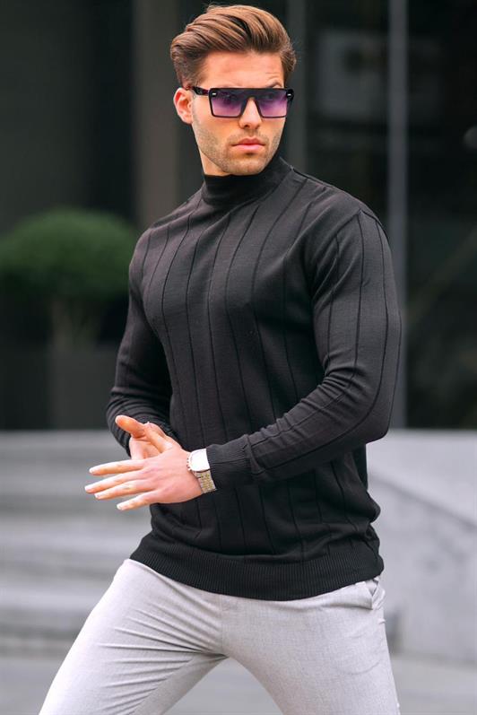 Siyah Slim Fit Yarım Balıkçı Yaka Çizgili Tüylenmeyen Erkek Triko Kazak 6344