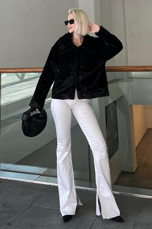 Siyah Yakalı Yumuşak Dokulu Astarlı Kadın Peluş Kürk MG2178