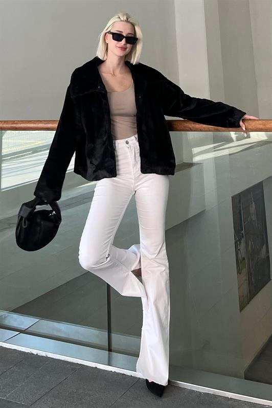 Siyah Yakalı Yumuşak Dokulu Astarlı Kadın Peluş Kürk MG2178