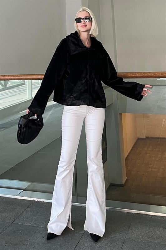 Siyah Yakalı Yumuşak Dokulu Astarlı Kadın Peluş Kürk MG2178