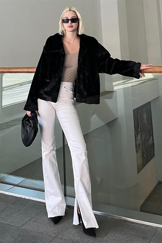 Siyah Yakalı Yumuşak Dokulu Astarlı Kadın Peluş Kürk MG2178