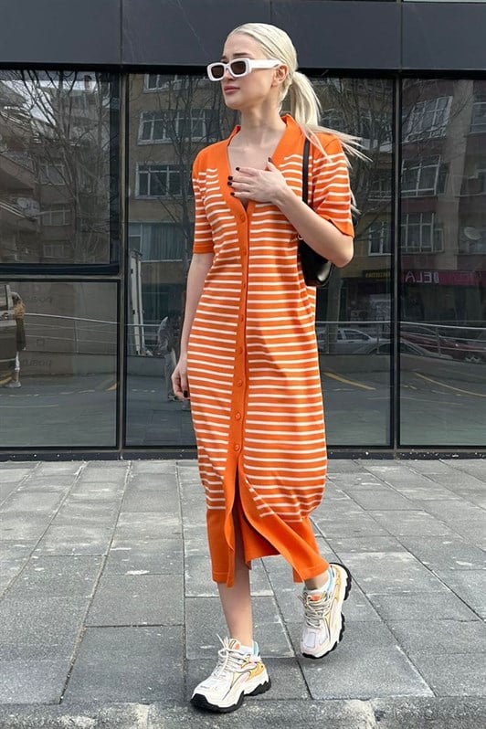 Turuncu Düğmeli Triko Kadın Elbise MG1648