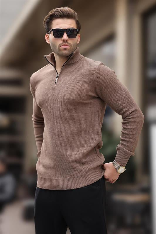 Vizon Fermuar Yaka Uzun Kollu Örme Kazak 7286