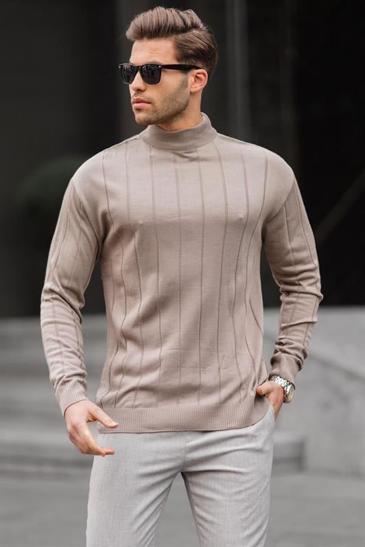 Vizon Slim Fit Yarım Balıkçı Yaka Çizgili Tüylenmeyen Erkek Triko Kazak 6344