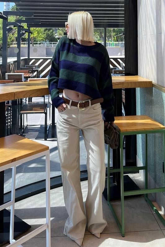 Yeşil Bisiklet Yaka Çizgili Triko Kadın Kazak MG2167