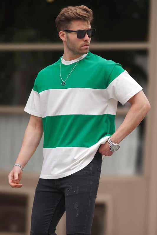 Yeşil Oversize Renk Bloklu Bisiklet Yaka Erkek Tişört 7020