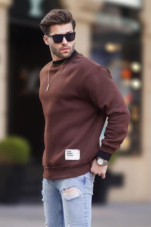 Acı Kahverengi Erkek Bisiklet Yaka Oversize Şardonlu Arma Detaylı Erkek Sweatshirt 7043