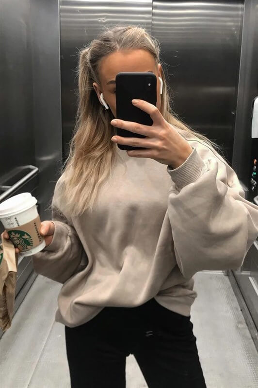 Bej Bisiklet Yaka Basic Kadın Sweatshirt MG1559