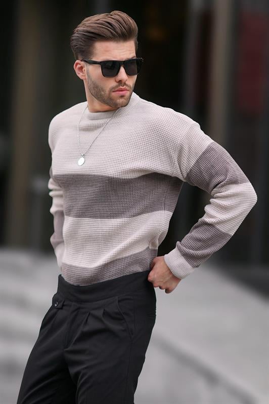 Bej Erkek Bisiklet Yaka Renk Bloklu Uzun Kollu Örme Kazak 7236