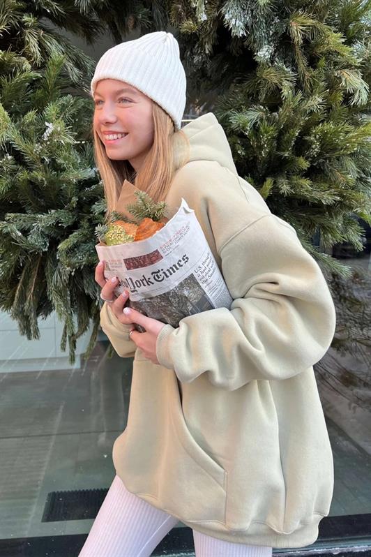 Bej Kapüşonlu Şardonlu Oversize Kadın Sweatshirt MG1566