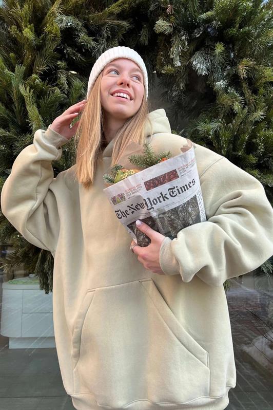 Bej Kapüşonlu Şardonlu Oversize Kadın Sweatshirt MG1566