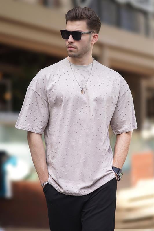 Bej Oversize Yırtık Deyatlı Pamuklu Erkek Tişört 7032