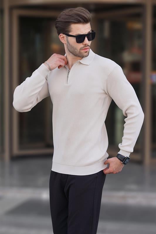 Bej Polo Yaka Fermuarlı Uzun Kollu Erkek Kazak 7240