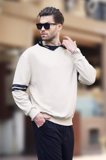 Bej Erkek Polo Yaka Oversize Kolu Şeritli Erkek Sweatshirt 7048