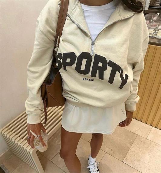 Bej Yarım Fermuarlı Baskılı Sweatshirt MG2212