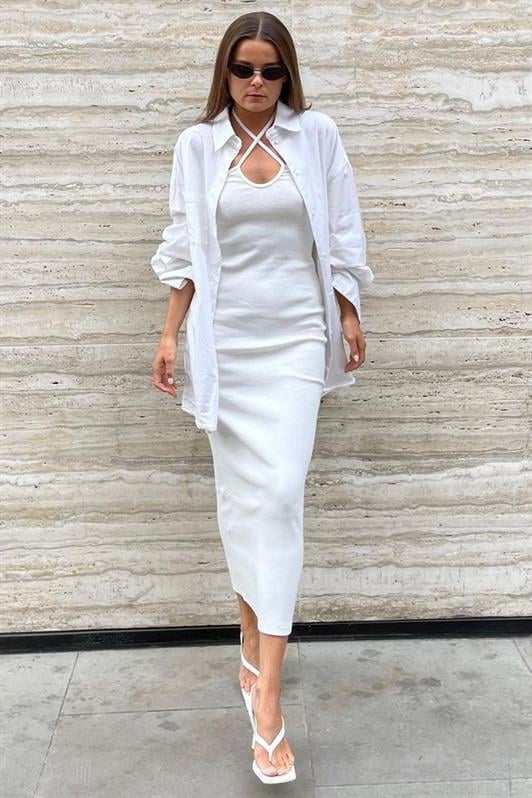Beyaz Bağlamalı Uzun Basic Elbise MG1854