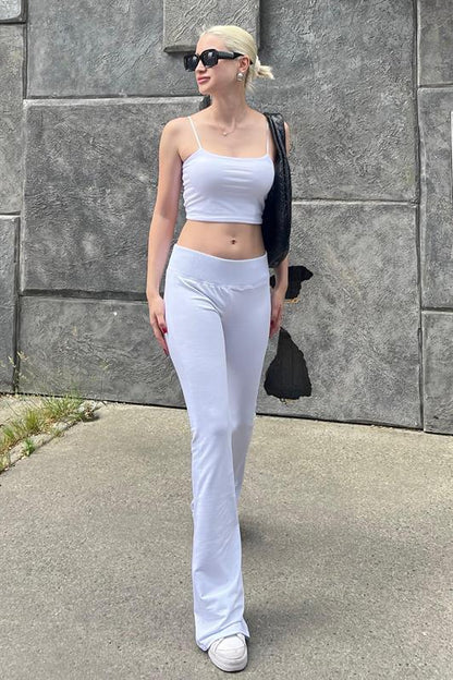 Beyaz Beli Fitilli Yüksek Bel İspanyol Paça Kadın Pantolon MG2096