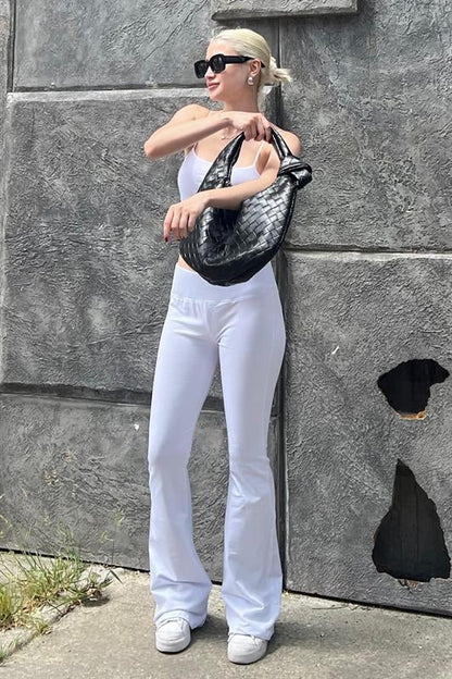 Beyaz Beli Fitilli Yüksek Bel İspanyol Paça Kadın Pantolon MG2096