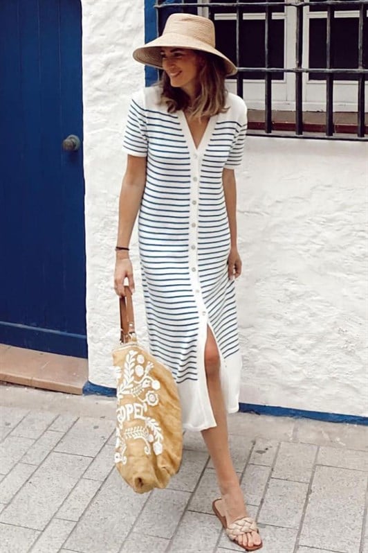 Beyaz Düğmeli Triko Kadın Elbise MG1648