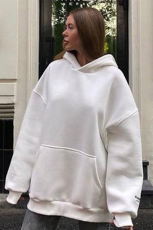 Beyaz Kapüşonlu Şardonlu Oversize Kadın Sweatshirt MG1566