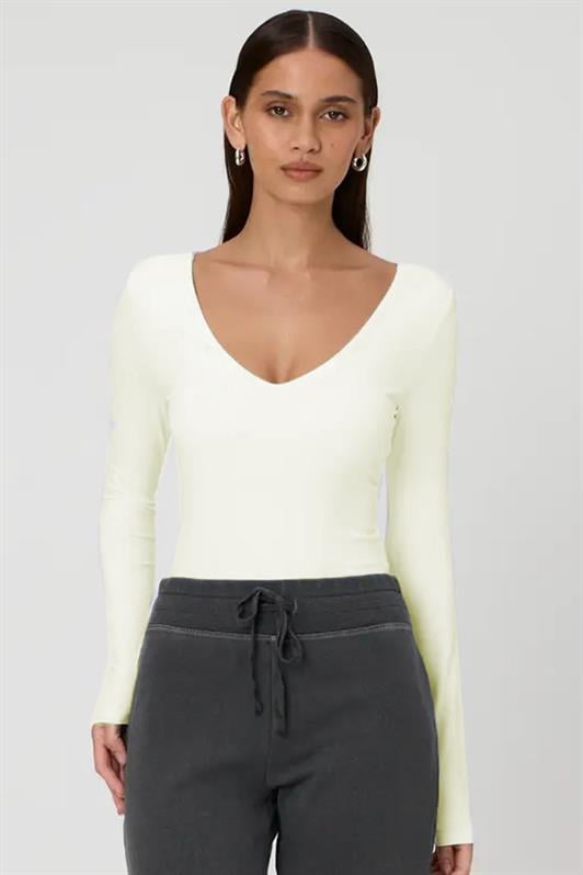 Beyaz V Yaka Uzun Kol Esnek Kumaş Bodysuit MG2132