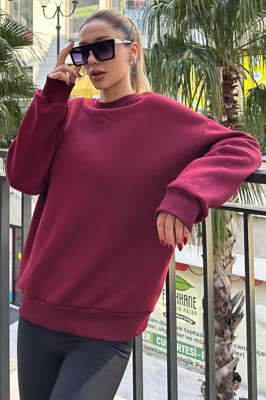 Bordo Bisiklet Yaka Basic Sweatshirt MG1559