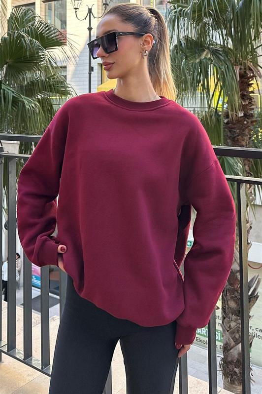 Bordo Bisiklet Yaka Basic Sweatshirt MG1559