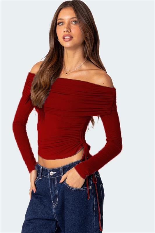 Bordo Büzgülü Kayık Yaka Kadın Bodysuit MG2250