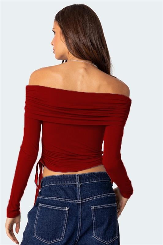 Bordo Büzgülü Kayık Yaka Kadın Bodysuit MG2250