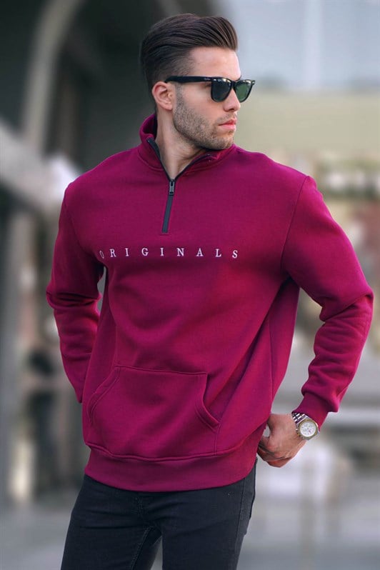 Bordo Fermuar Yaka Nakışlı Erkek Sweatshirt 6028