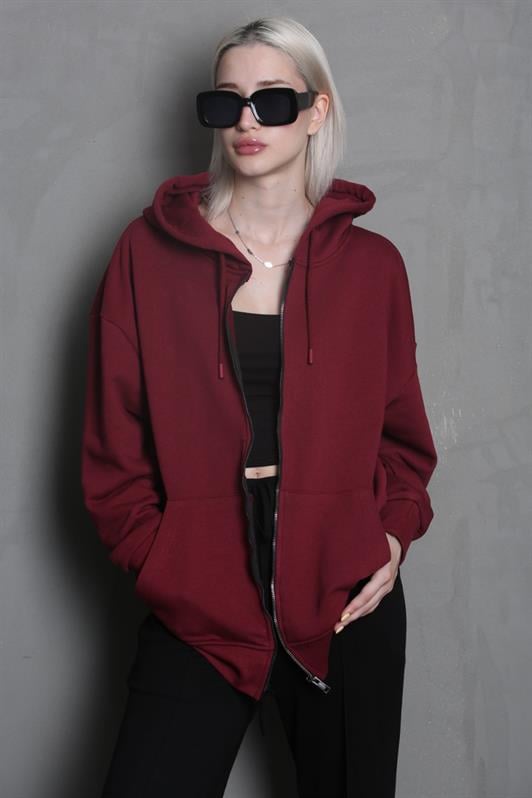 Bordo Kapüşonlu Basic Kadın Sweatshirt MG1900