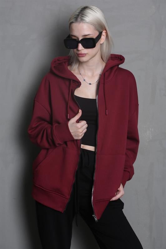 Bordo Kapüşonlu Basic Kadın Sweatshirt MG1900