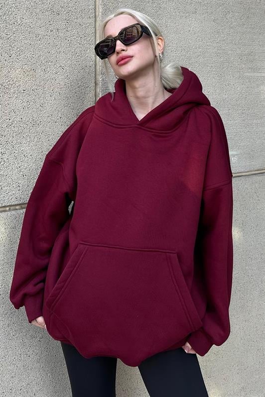 Bordo Kapüşonlu Şardonlu Oversize Sweatshirt MG1566