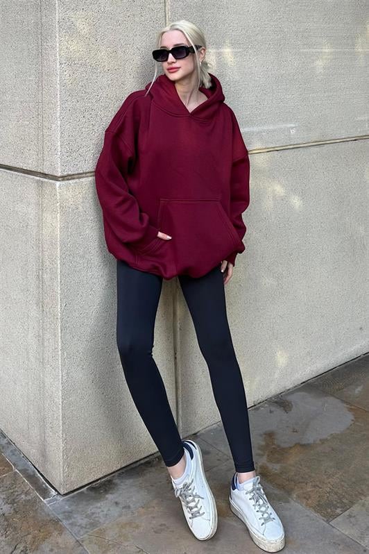 Bordo Kapüşonlu Şardonlu Oversize Sweatshirt MG1566