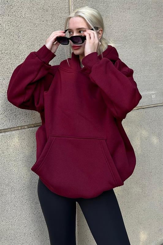 Bordo Kapüşonlu Şardonlu Oversize Sweatshirt MG1566