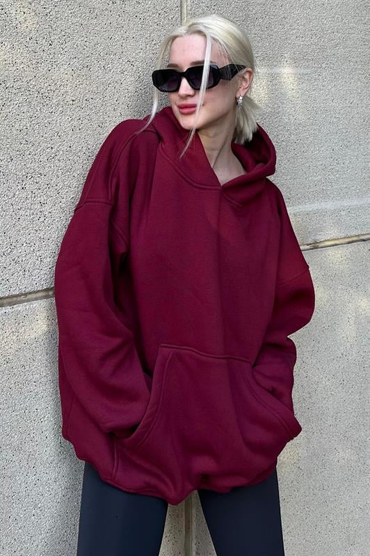 Bordo Kapüşonlu Şardonlu Oversize Sweatshirt MG1566