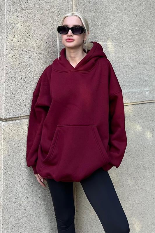 Bordo Kapüşonlu Şardonlu Oversize Sweatshirt MG1566