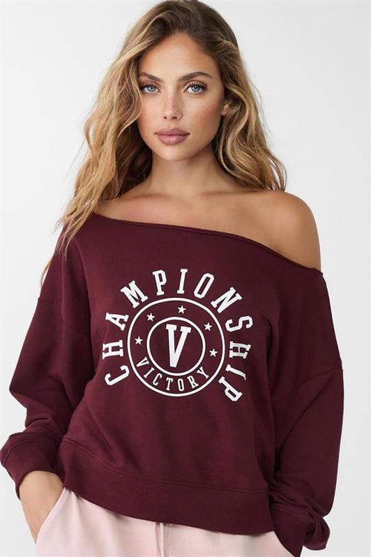 Bordo Kayık Yaka Baskılı Kadın Sweatshirt MG2205