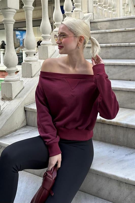 Bordo Kayık Yaka Kadın Sweatshirt MG2239