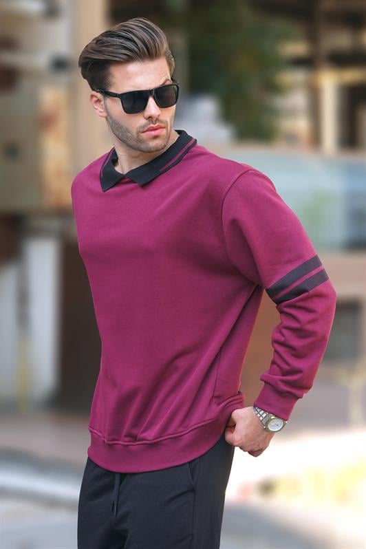 Bordo Erkek Polo Yaka Oversize Kolu Şeritli Erkek Sweatshirt 7048