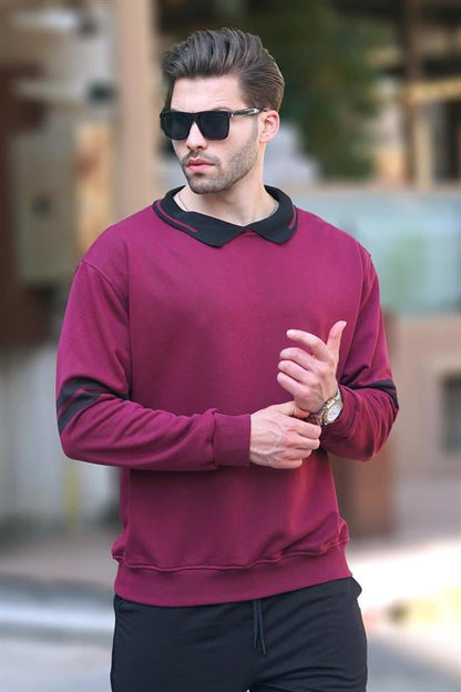 Bordo Erkek Polo Yaka Oversize Kolu Şeritli Erkek Sweatshirt 7048