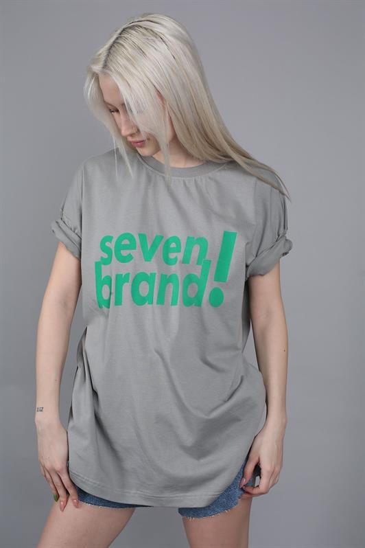 Boyalı Gri Baskılı Oversize Kadın Tişört MG1489