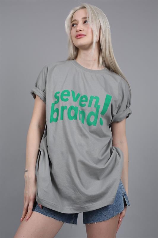 Boyalı Gri Baskılı Oversize Kadın Tişört MG1489