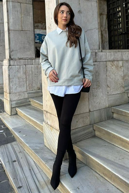 Boyalı Gri Bisiklet Yaka Basic Sweatshirt MG2185