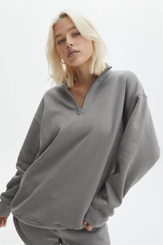 Boyalı Gri Fermuar Detaylı Oversize Kadın Sweatshirt MG1933