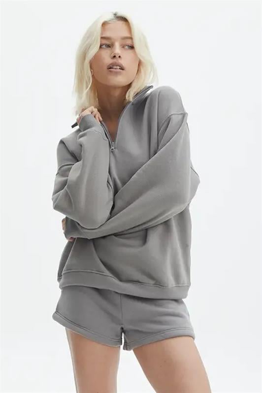 Boyalı Gri Fermuar Detaylı Oversize Kadın Sweatshirt MG1933